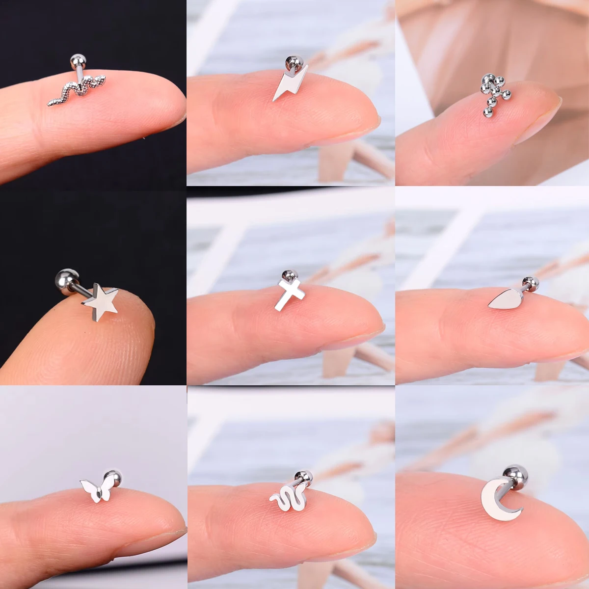 1PC Fashion Stainless Steel Small Piercing Stud Earring Punk Lightning Snake Ball Star Cartilage Helix Conch Standard Earrings