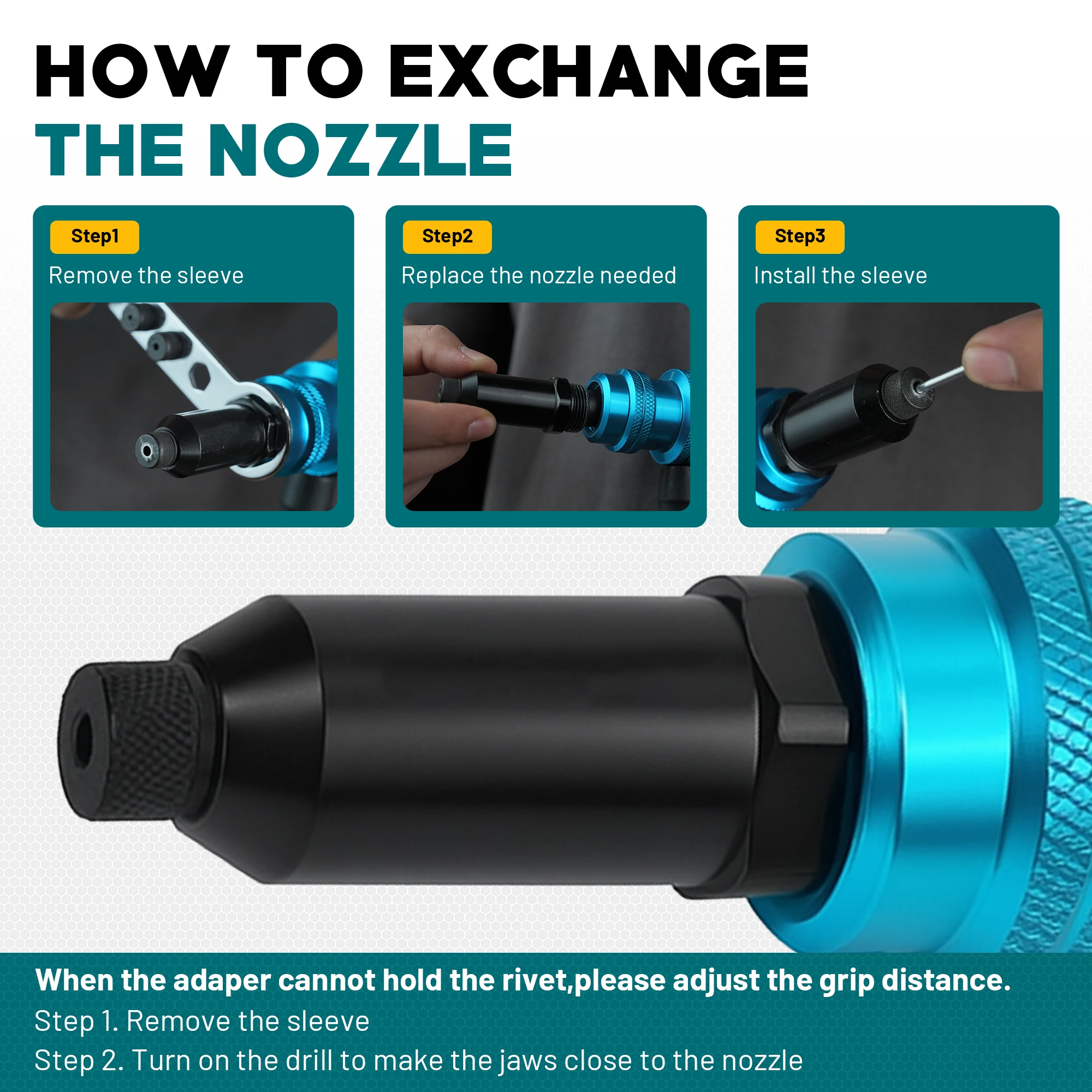 อะแดปเตอร์ปืนยิงรีเวท อุปกรณ์ยึดรีเวทสำหรับสว่านไฟฟ้าและสว่านไฟฟ้าไร้สาย ใช้งานง่ายสำหรับรีเวทแบบป๊อป