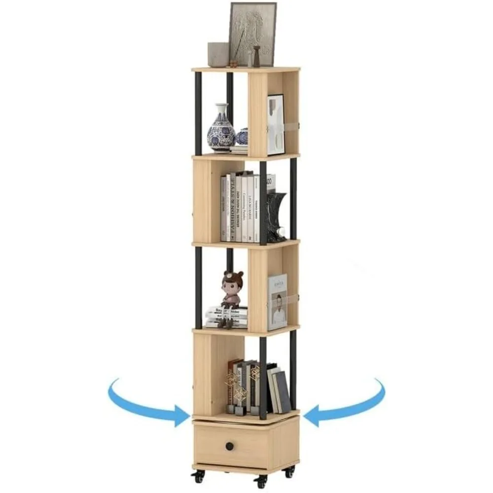 5 Tier Rotating Bookshelf Tower with Brake Wheels 360°Display Wood Spinning Bookshelf with Drawer Revolving Floor Standing