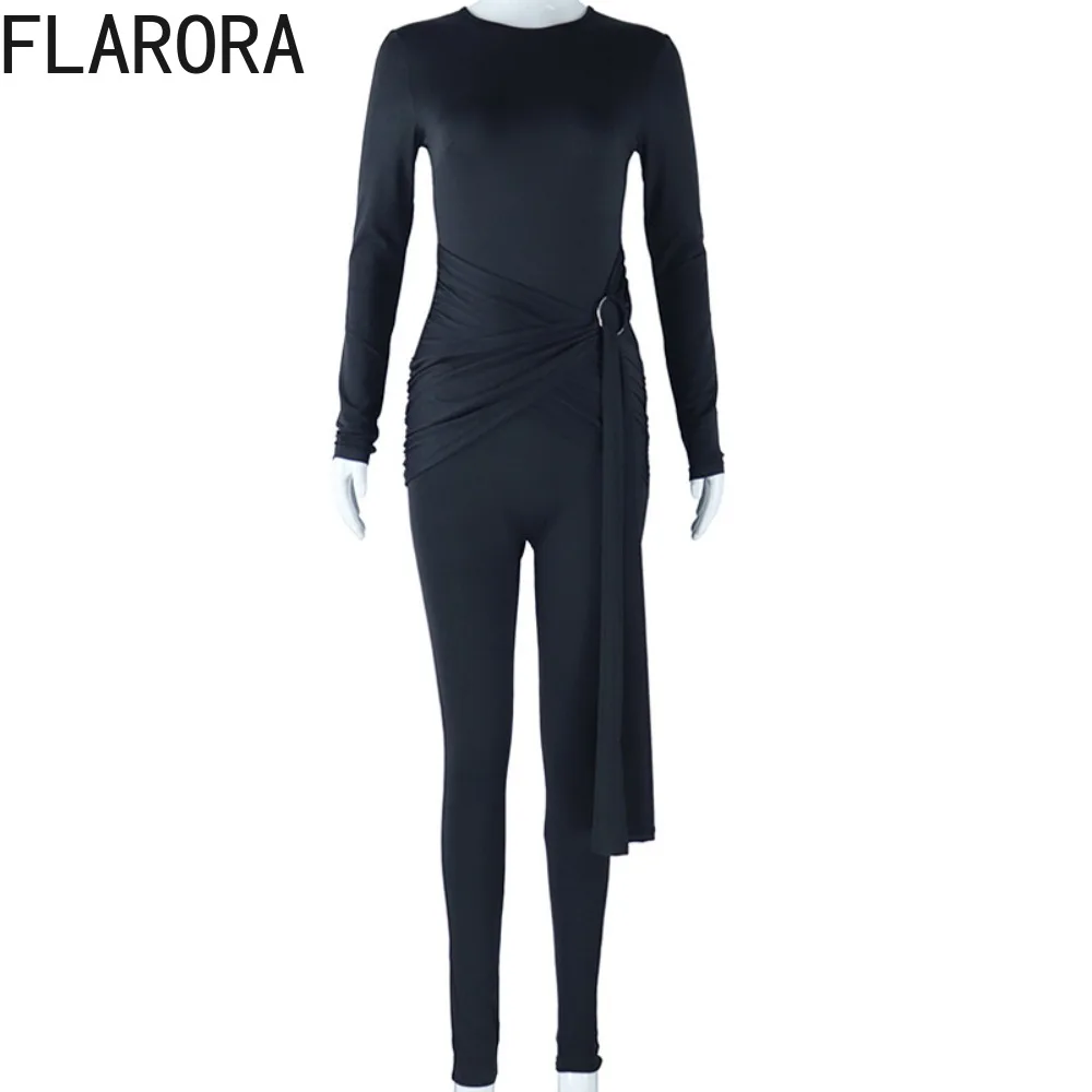 FLARORA Jumpsuit Patchwork Pita Elegan Wanita Warna Solid Leher Bulat Lengan Panjang Bodycon One Piece Playsuits Pakaian Klub Pesta