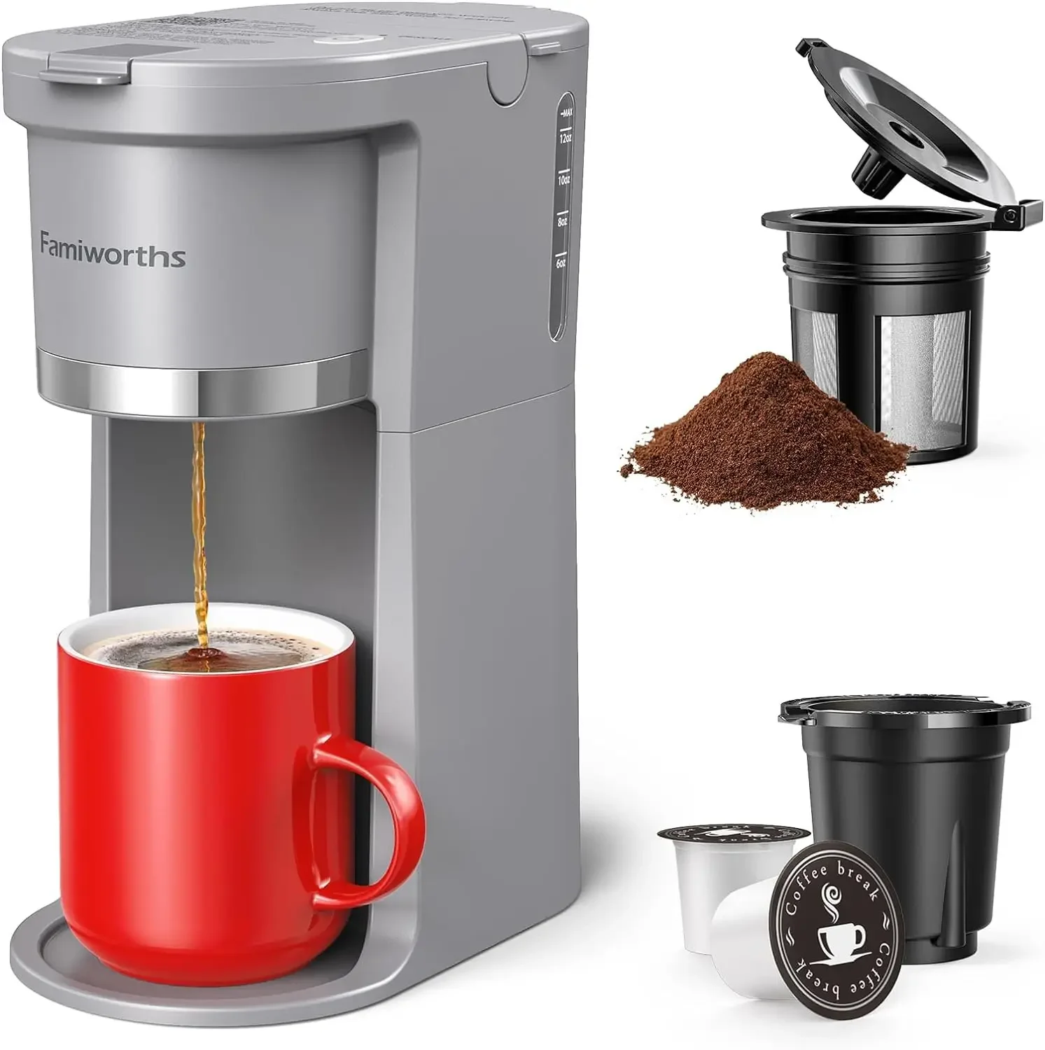 

Mini Coffee Maker Single Serve, Instant Coffee Maker One Cup for K Cup & Ground Coffee, 6 to 12 Oz Brew Sizes USA.NEW