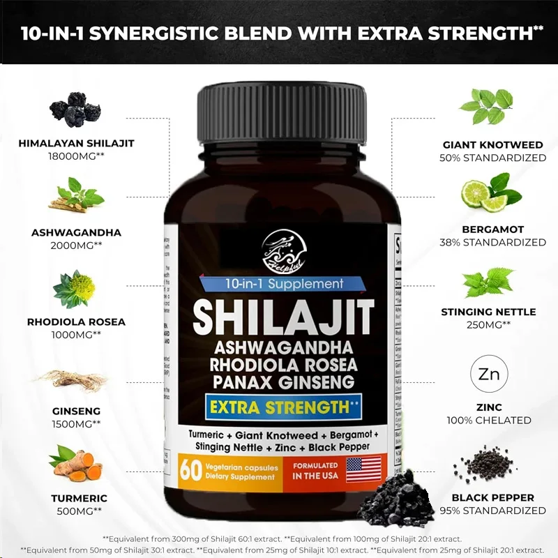 Shilajit Pure Himalaya 18000 milligrams,60 men's capsules containing South African drunken eggplant,Rhodiola, ginseng,and nettle