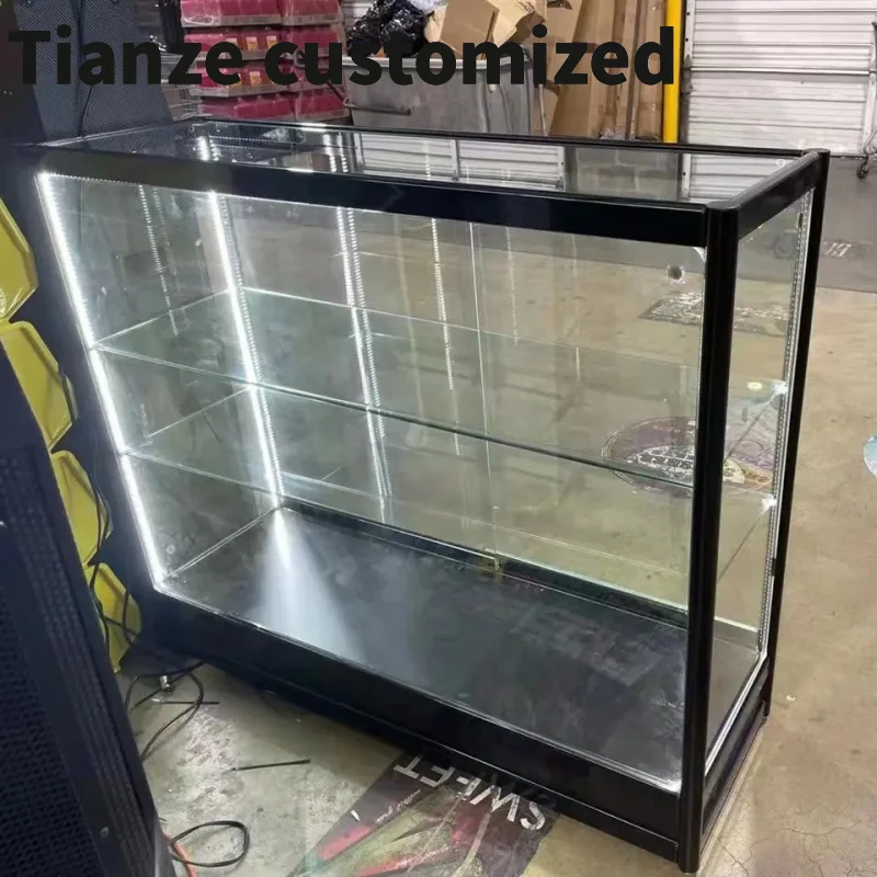 Customized-clearsmall glass display smoke shop tempered glass showcase lockable aluminum frame display glass ca