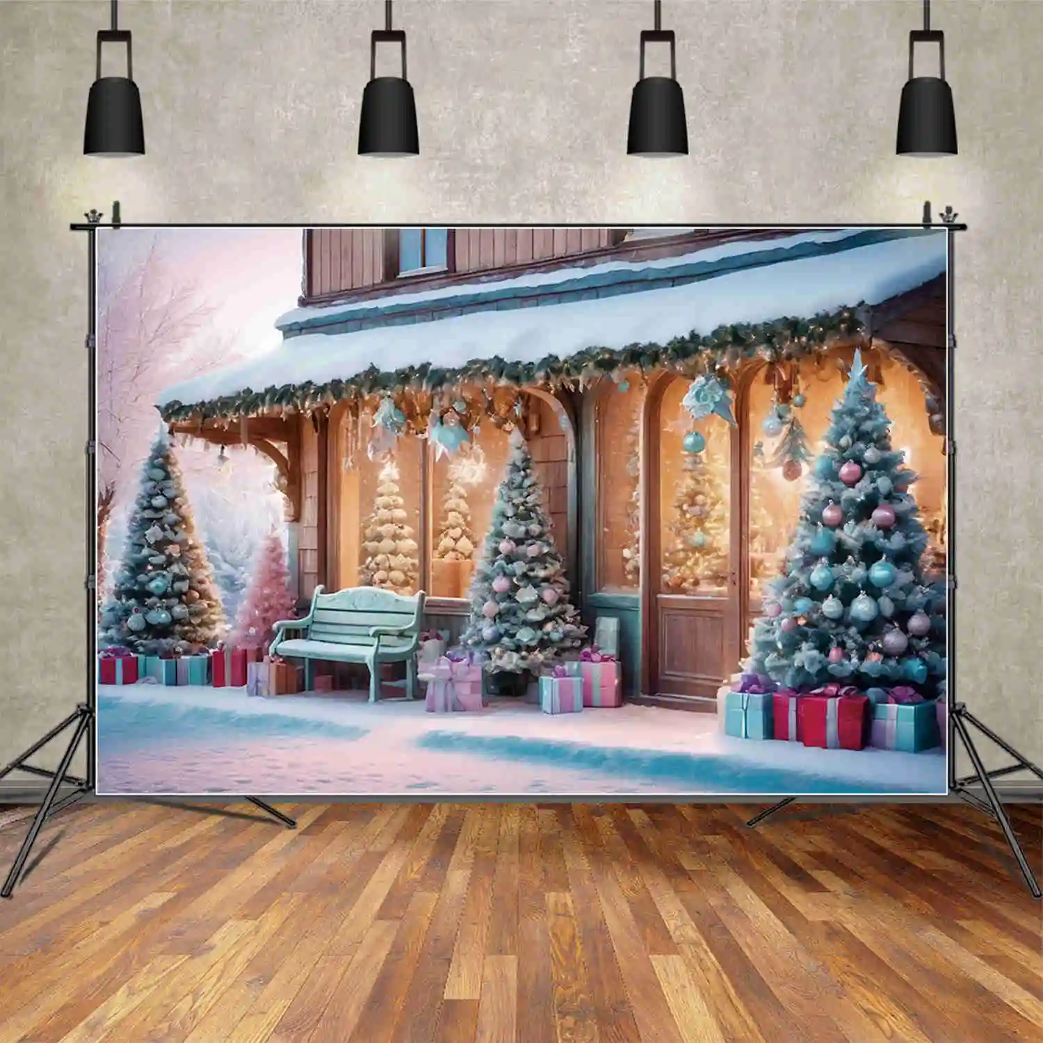 MOON.QG Christmas Gifts Store Photography Background Children Party Winter Snow Photocall Backdrops New Year Photobooth Props