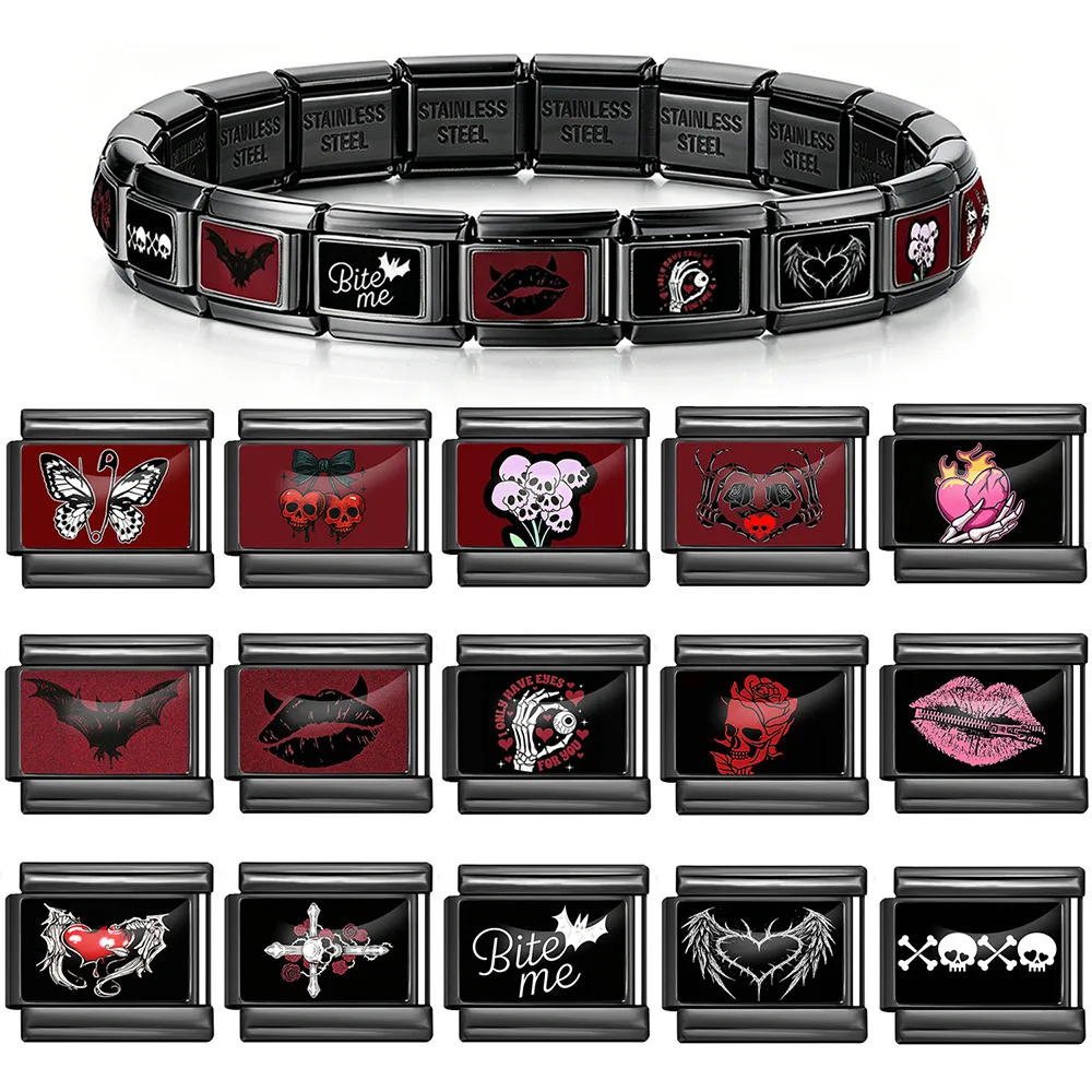 Black Gunmetal Gothic Italian Charm Bracelet Stainless Steel Modular Link Bracelet DIY Replaceable Bat Skull Heart Lip Charms