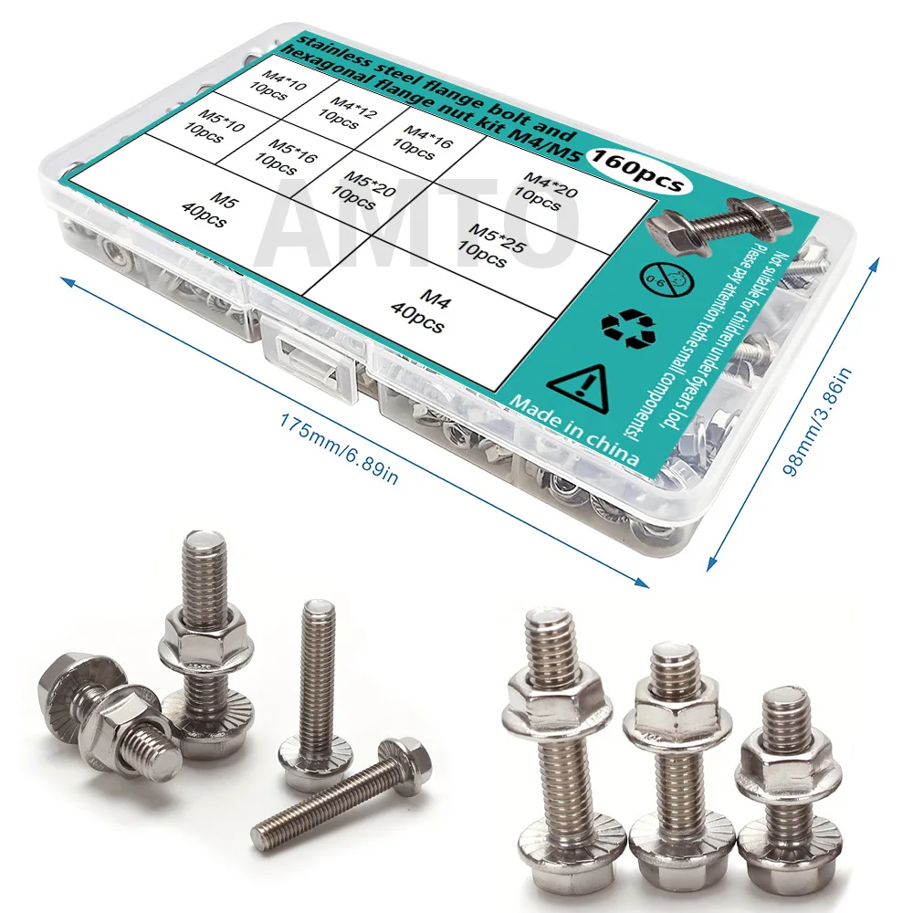 Edelstahl-Flanschschrauben und -Muttern sind in Kombinations-Sets von M4 und M5, 160 Stück, 10mm-25mm erhältlich