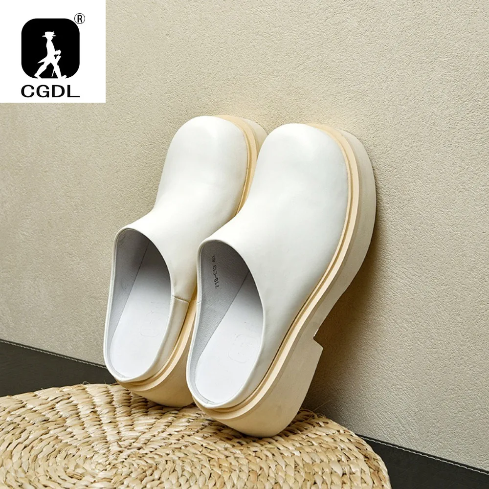 

6CM High Mens Slippers Genuine Leather Muller Shoes Men Loafers Outdoor Non-slip White Casual Half Slipper Men Fashion Shoes Man