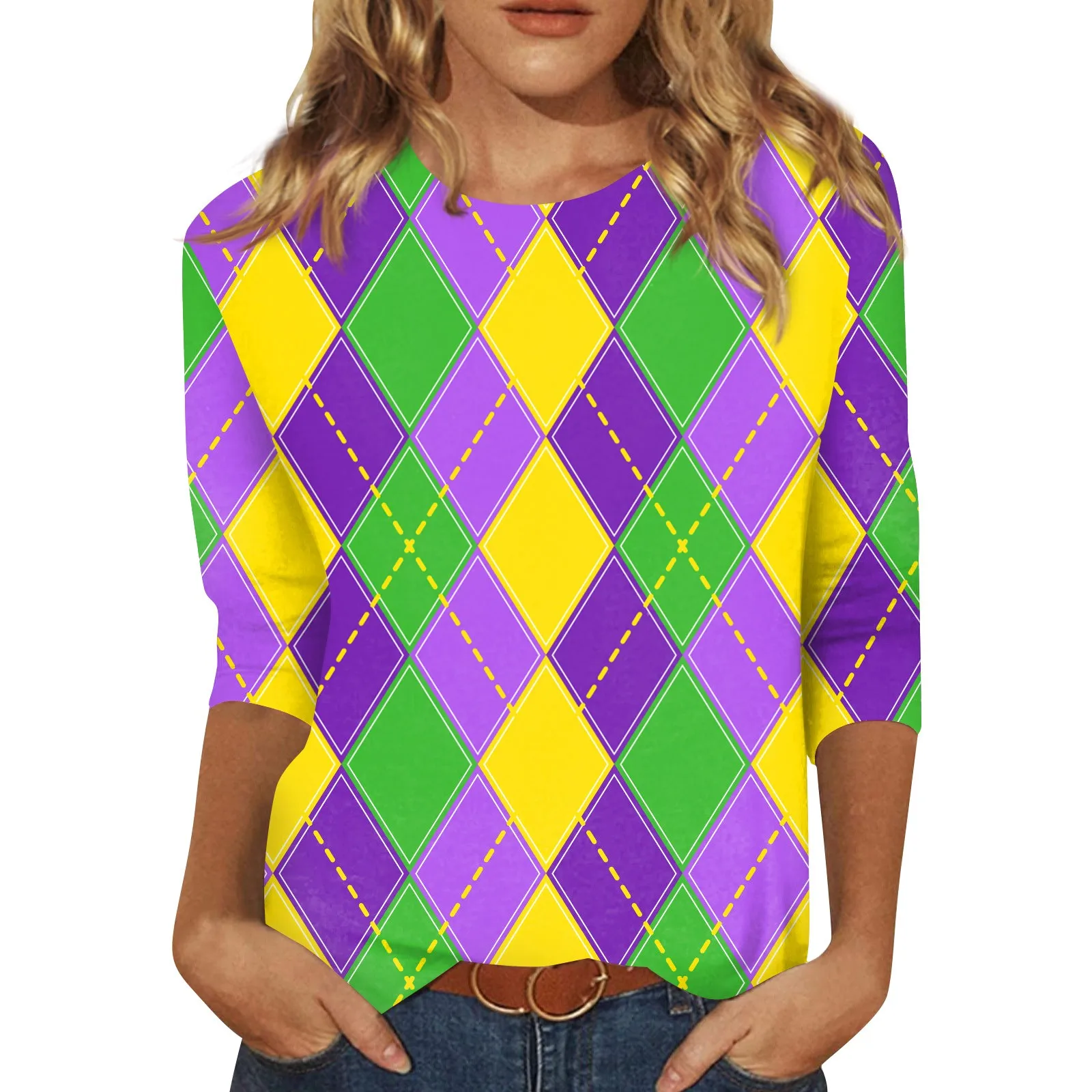 Women Three Quarter Sleeves T-Shirt Carnival Theme Print Graphic Tees Blouses Daily Basic All-Match Plus Size Round Neck T-Shirt