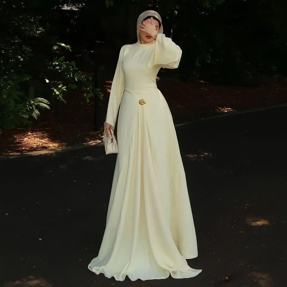 

Eightale Arabic Evening Dress Muslim Prom Gown Customized O-Neck Butter Yellow Long Sleeves Wedding Party Dress Robes De Soirée
