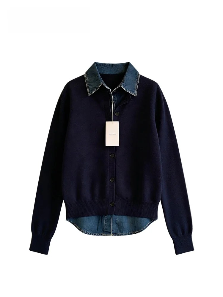 

plus Size Knitted Top Women's College Sle Denim Patchwork Autumn Winter Faion Casual Long Sve Flip Collar Single Button