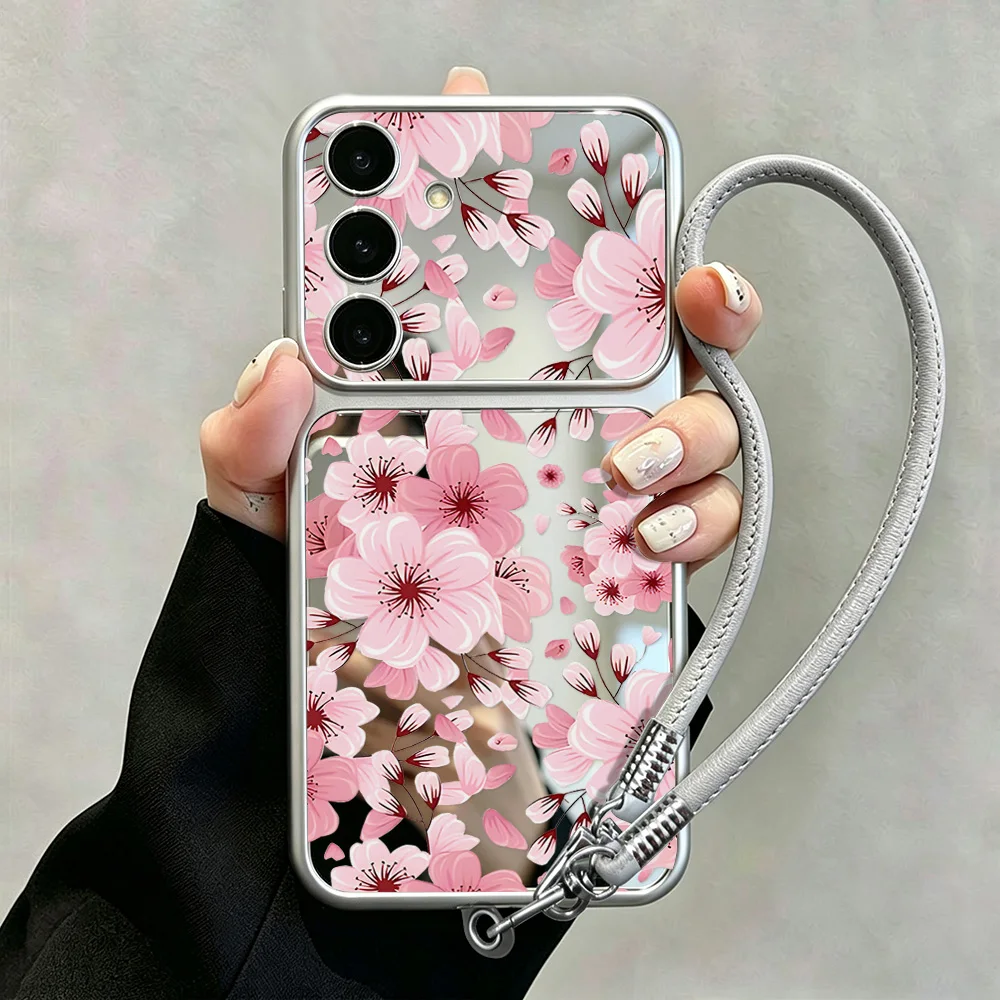 Pink Flower Phone Case For Samsung S26 Ultra S25 S24 A57 A56 A37 A55 A17 A54 A53 A36 A26 A16 Make Up Mirror Cover With Lanyard