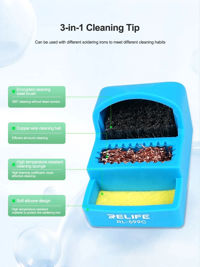 RELIFE RL-599C เครื่องมือทําความสะอาดปลายบัดกรีขนาดเล็ก 360 °   การทําความสะอาดโดยไม่ต้องมุมตาย การทําความสะอาดหัวเชื่อม ฟองน้ําแปรงเหล็ก