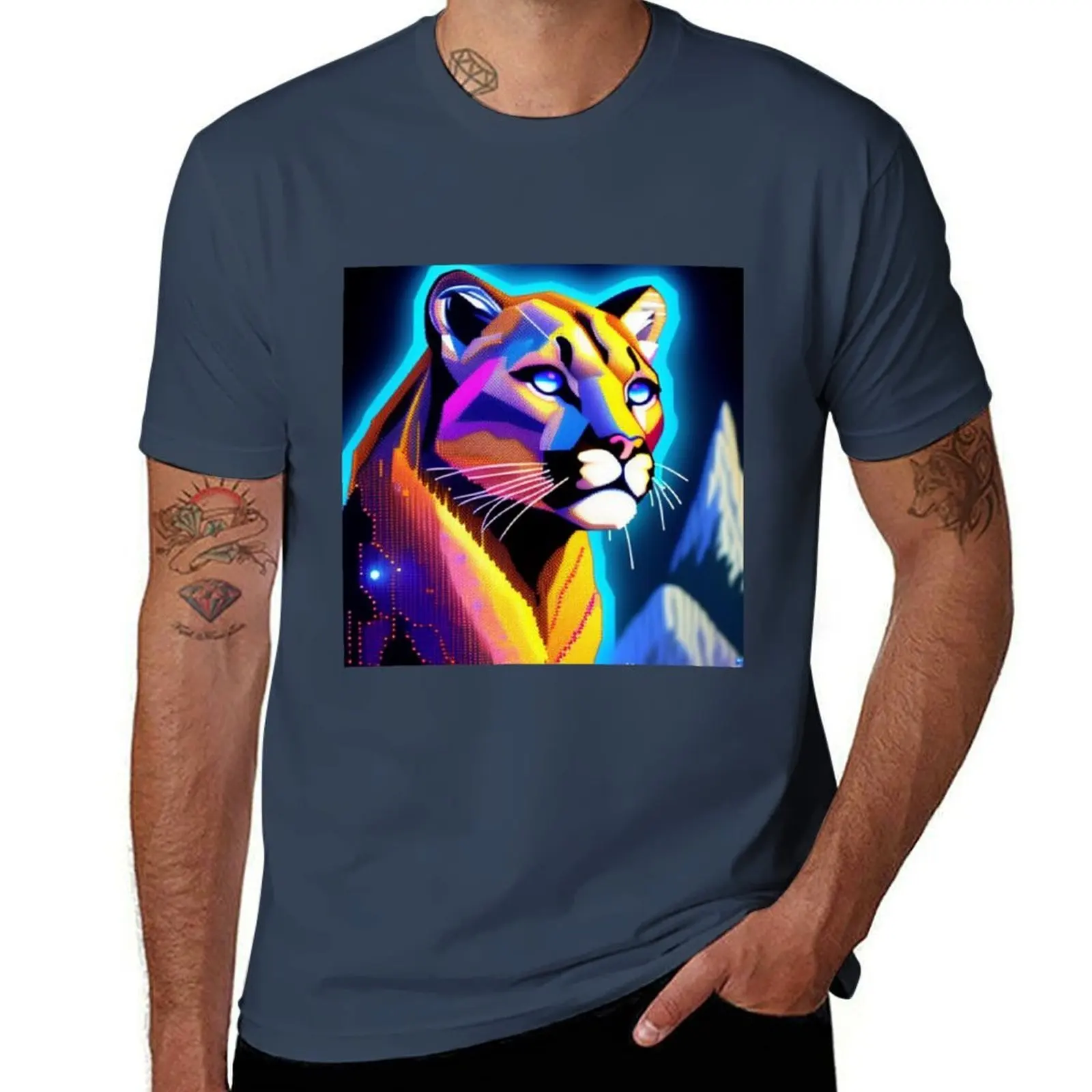 

Neon pixels mountain lion T-Shirt t shirts for man cotton soft man t shirts for men casual anime t shirts oversize T-Shirt