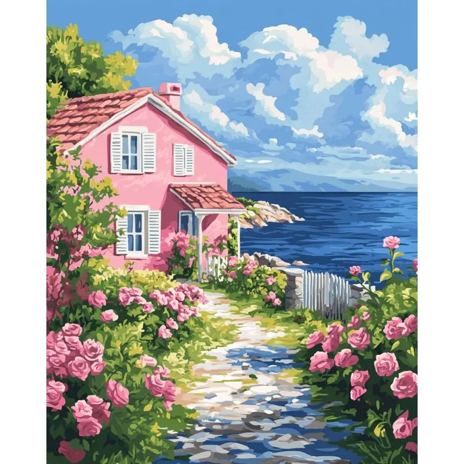 RUOPOTY Pink House 5d Diamond Painting Kits For Adults Diy Crafts Diamond Embroidery Landscape Full Round Diamond Art Painting