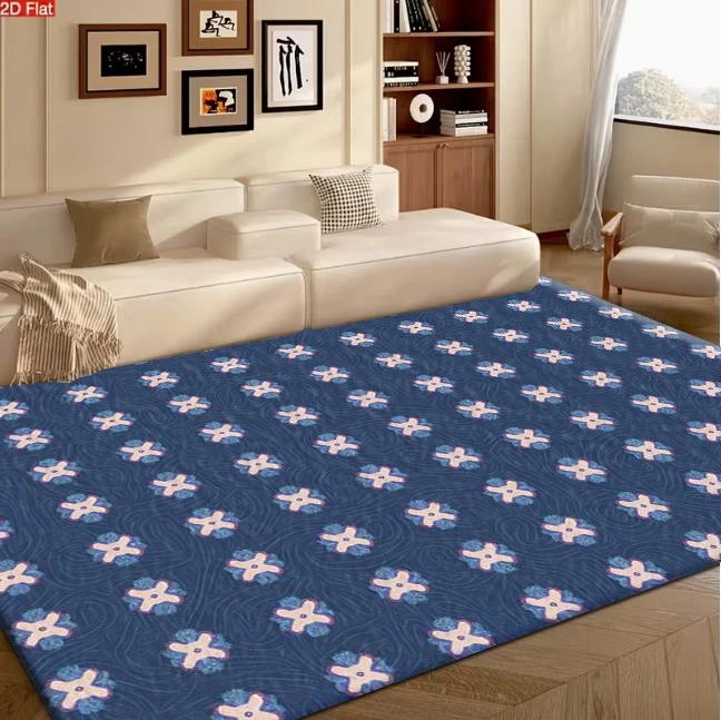 Dark-Blue Base Small Retro Floral Grid Carpet Flooring, Vintage Tiny Flower Repeating Pattern Area Rug for Living Room Bedroom Home Decor
