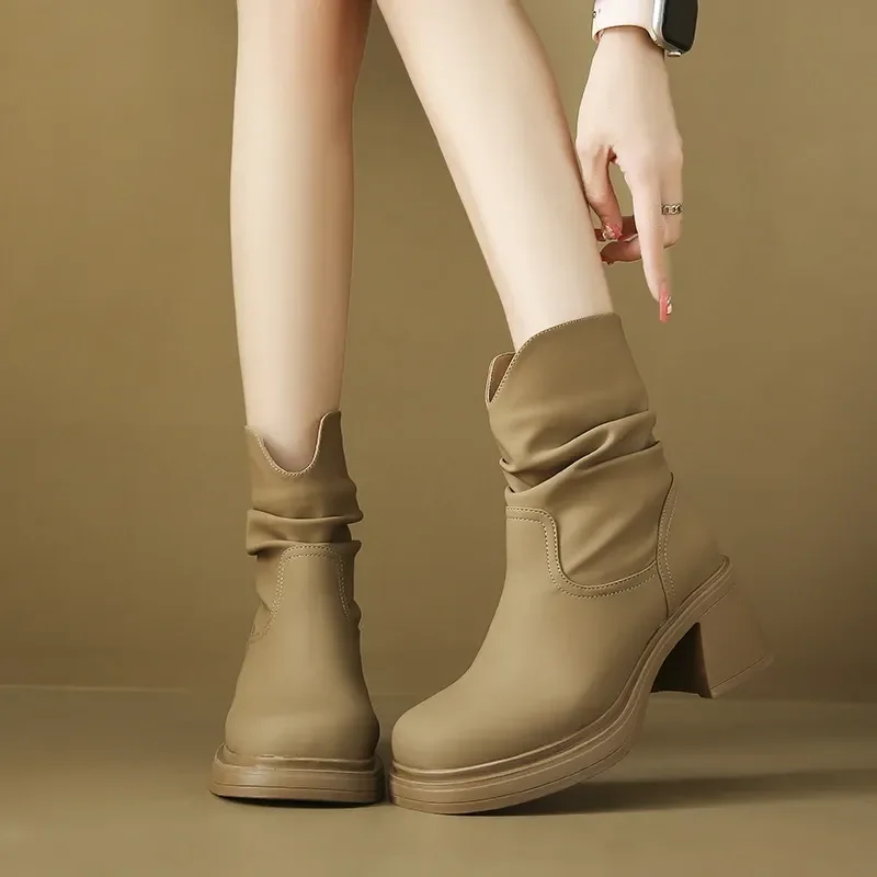 

NEW British Style Round Toe Platform Womens Short Boots Soft Leather Pleated Slip-On Thick High Heels Ankle Boots Female Shoes