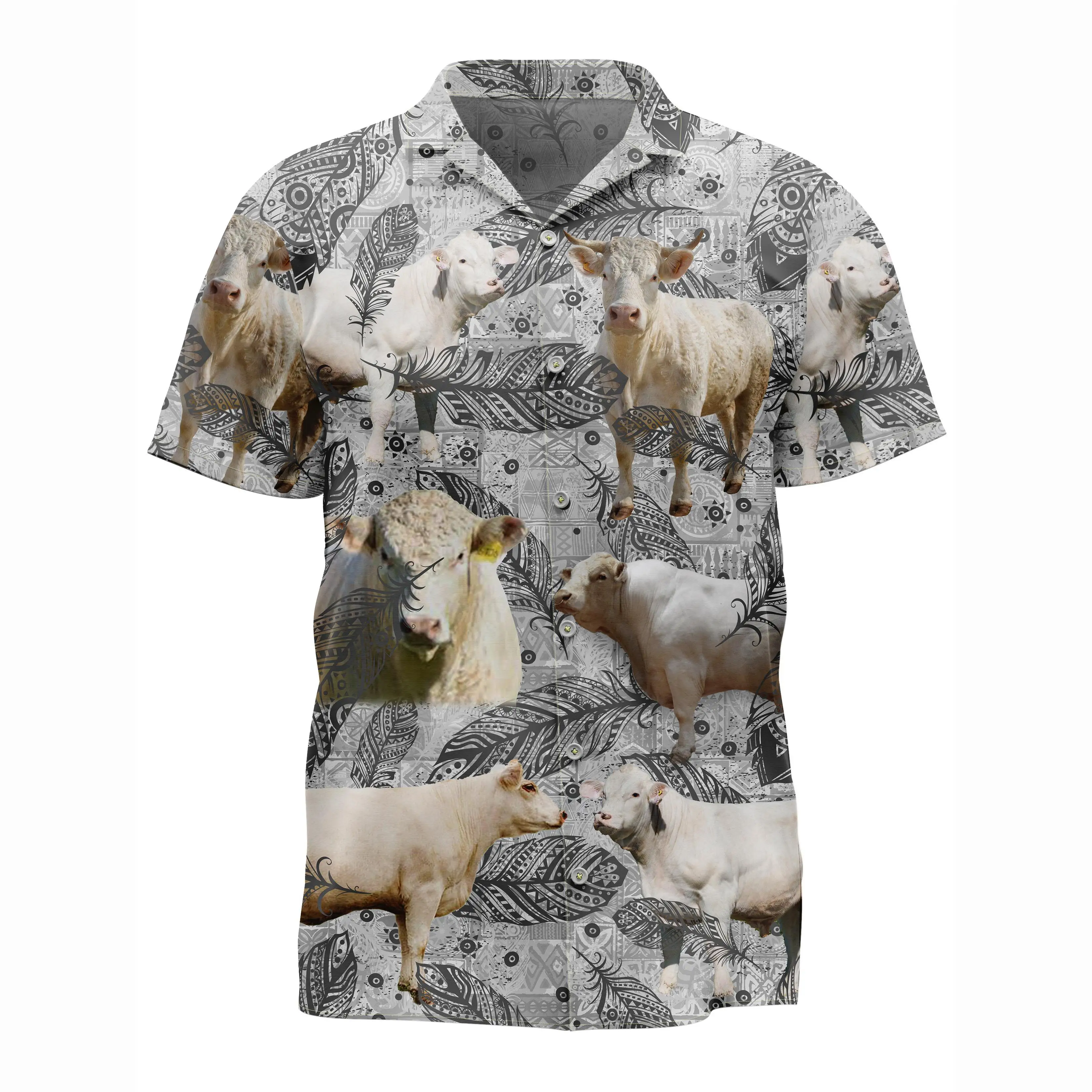 Jumeast Charolais Cattle Pattern Short Sleeve Hawaiian Shirt Farm Life Polyester Aloha Shirts Leaves Baggy Casual Man Clothing