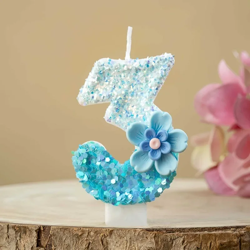 Blue Sparkling Birthday Candle, Cute Blue Sparkling Flower Digital Candle, Used for Birthday Party Cake Decoration