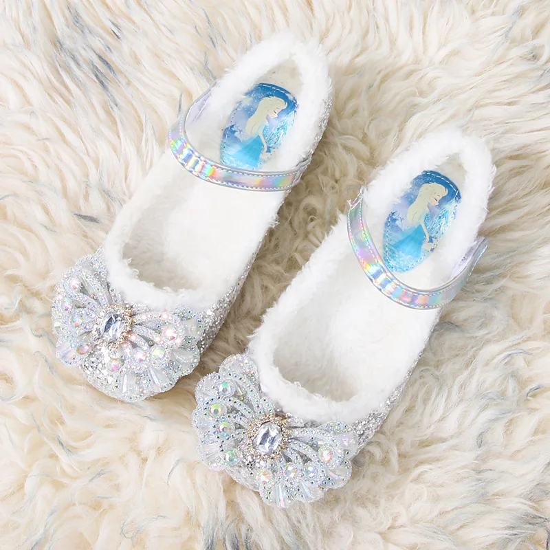 Disney Autumn Fashion Pearl Bow Rhinestone Frozen Elsa Princess Girl Shoes Flat Kids Princess Warm Winter Shoes Size 23-36