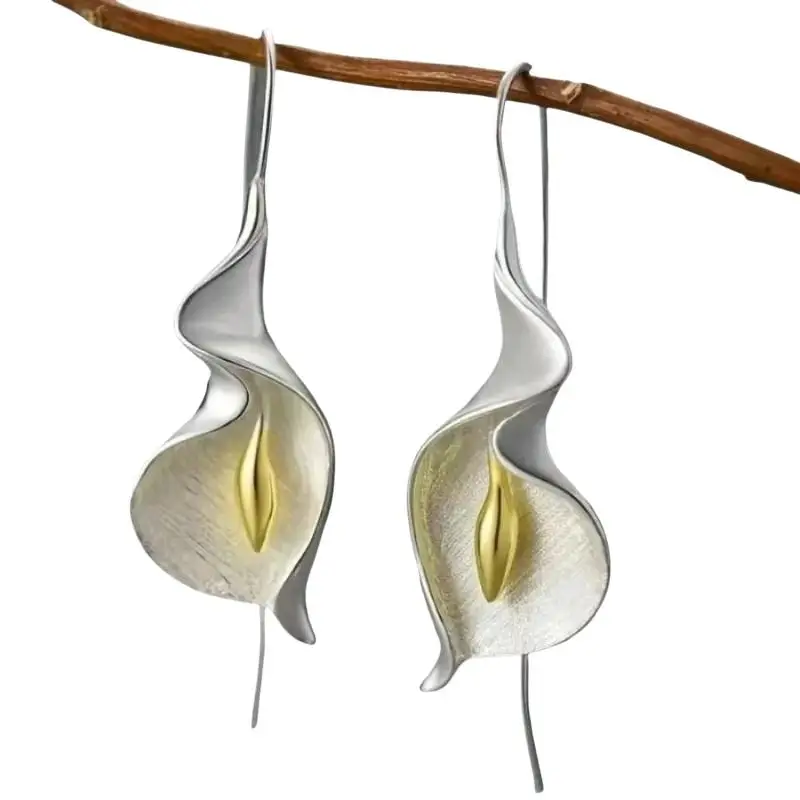 Silver Calla Lily Dangle Earrings Two Tone Gold Accent Textured Polished Elegant Jewelry for Daily Office Commute