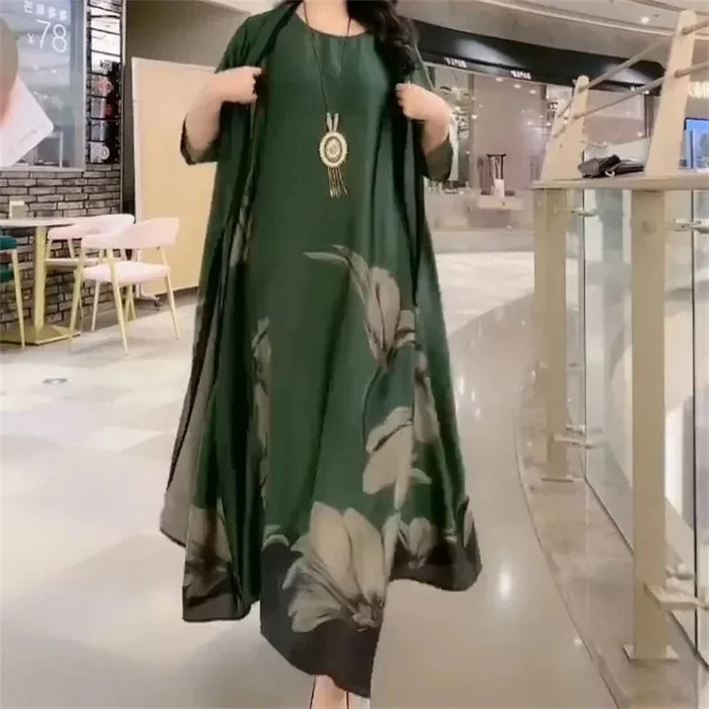 

Women Temperament Dress Sets Middle Aged Mother Dress Suit Summer Casual Fashion Printing Two Piece Suits Long Dress Suits