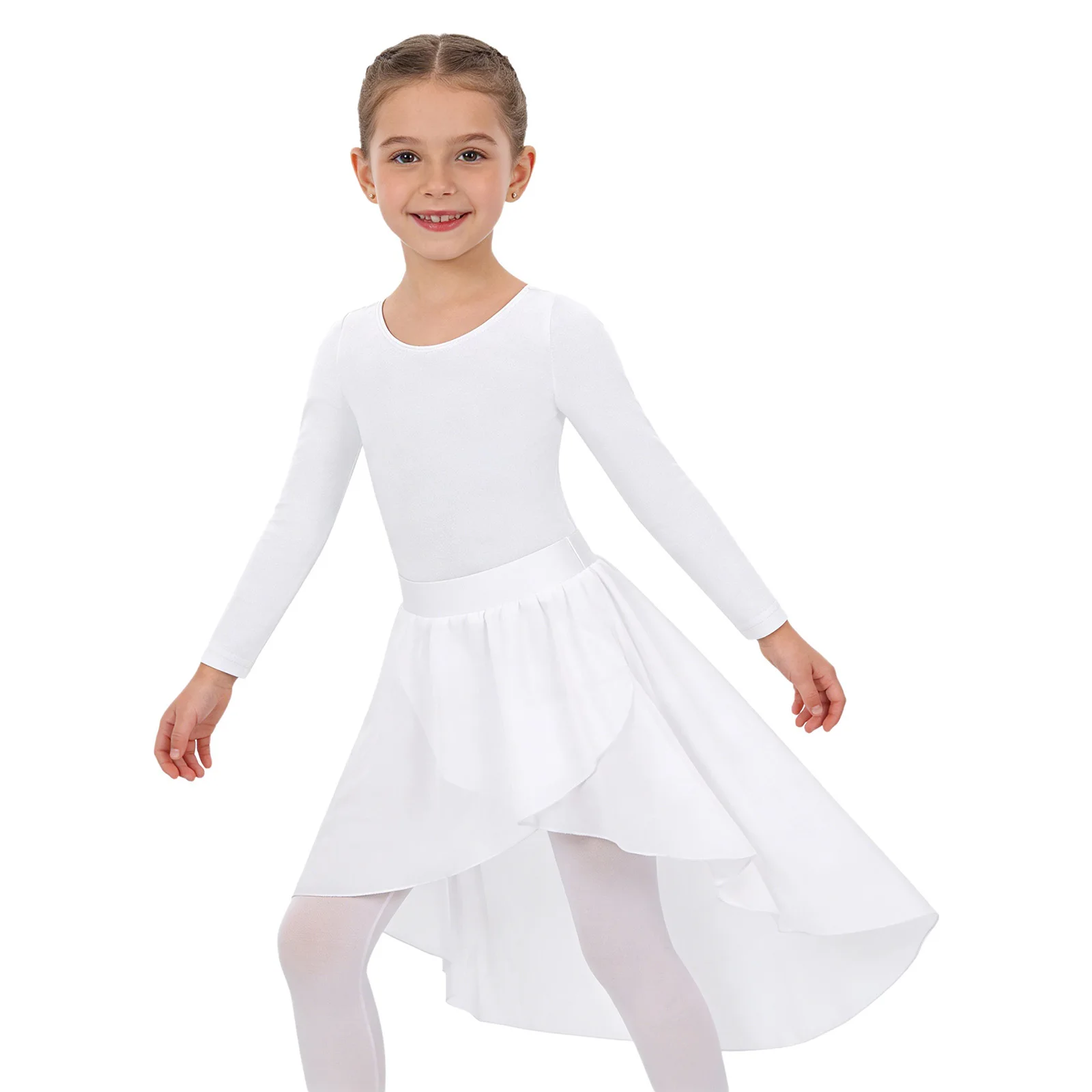 with High-low Chiffon Skirt Girls Long Sleeve Ballet Dance Costume Kids Skating Jumpsuit Gymnastics Performance Outfit Leotard