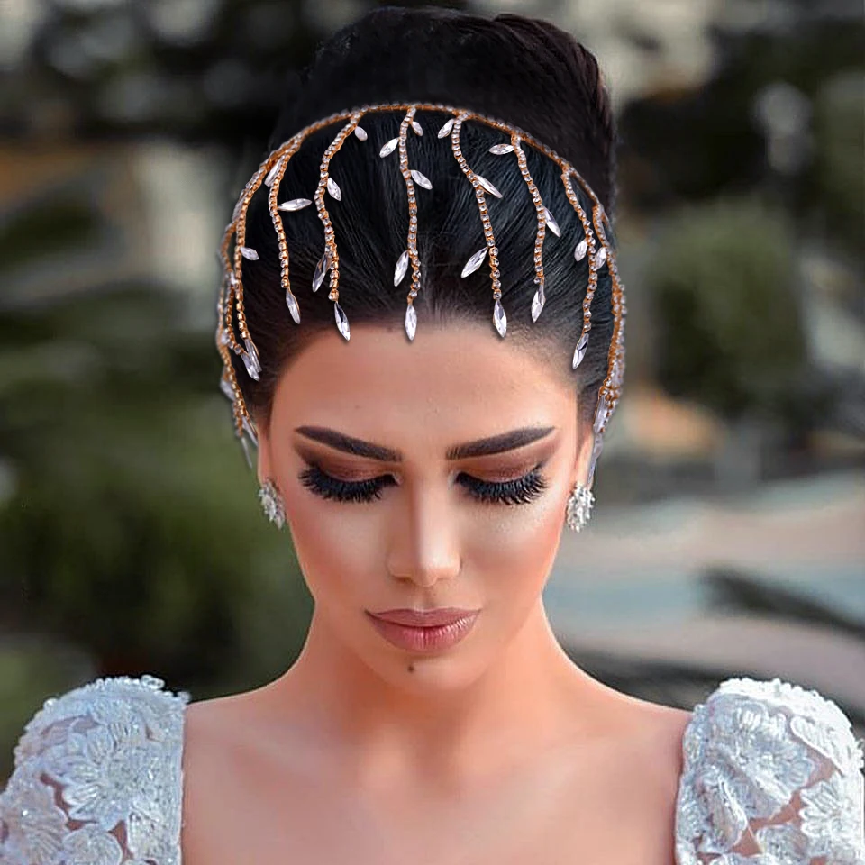 Beads Bridal Headpiece Woman Head Hoop with Rhinestones Golden Bridal Hair Ornaments Regal Ladies' Crown Wedding Headband HP483