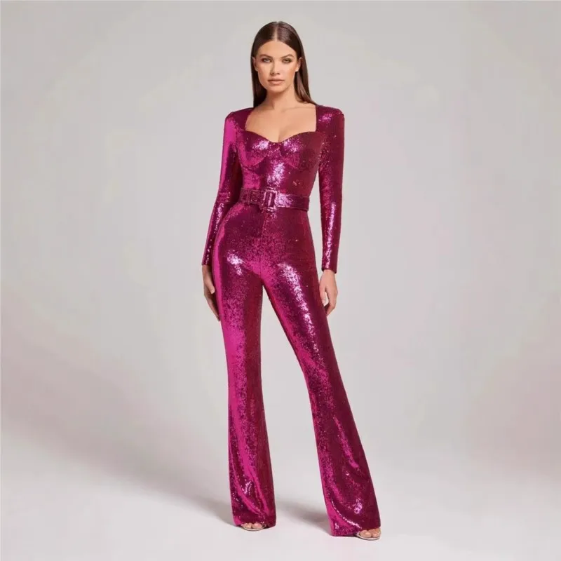 

Long Sleeve Belted Sequin Jumpsuit Casual Women Spring Fashion Square Collar Jumpsuits For Women 2026 High Wasst One Piece Set