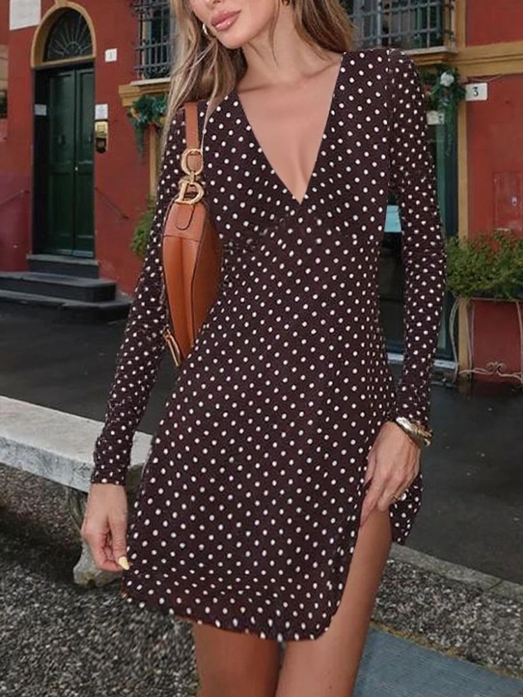 Tossy Mini abito sexy con scollo a V profondo a pois da donna Slim maniche lunghe a vita alta Streetwear Patchwork Abito a contrasto Mini abito femminile