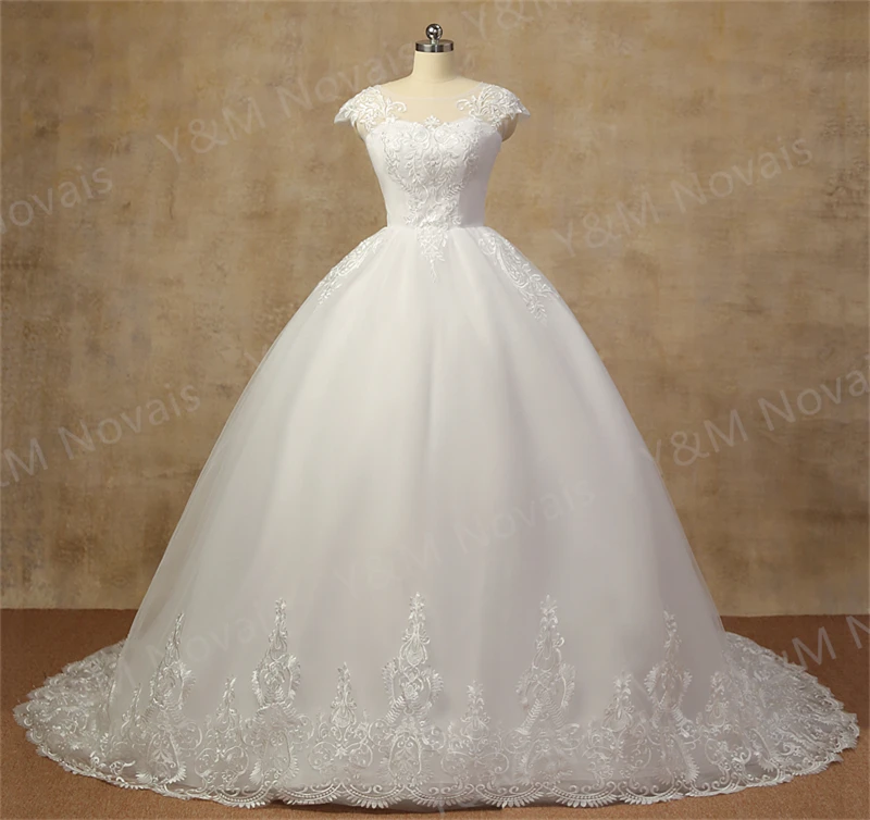 Y&M Novias O Neck Cap Sleeve Plus Size Vestido De Noiva 2024 Wedding Dress Long Train or Floor Appliqes Bridal Tulle Mariage