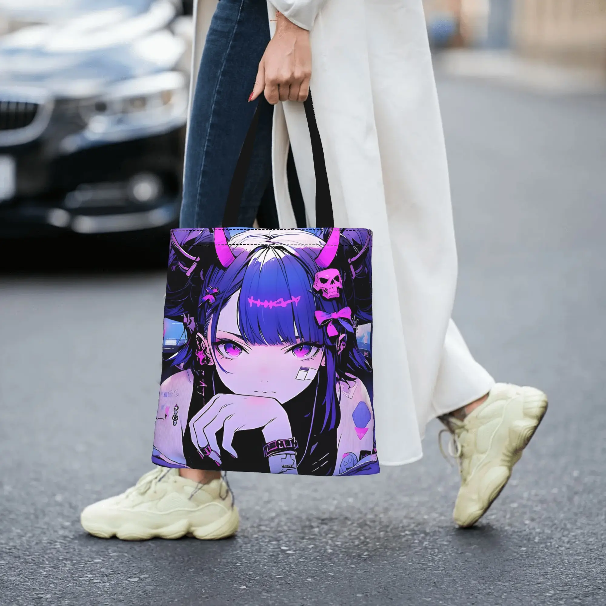 Customized Cute Anime Demon Girl Women's Bag Shopping Bag Reusable Double Sided Canvas Tote Bag Shoulder  Handbag Its bags