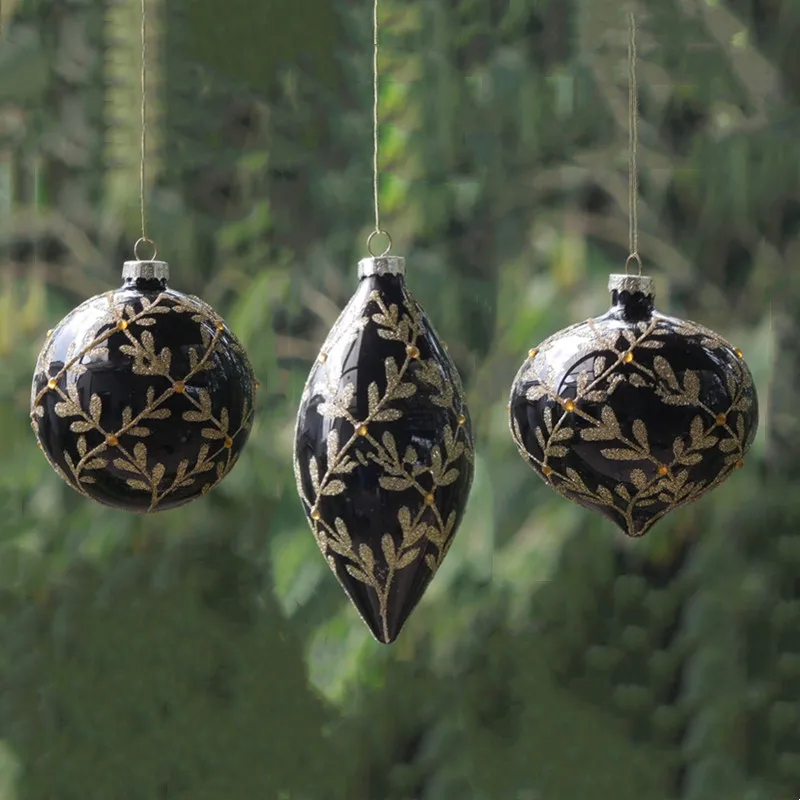 

12pcs/pack Different Shape Black Series Hand Painting Glass Pendant Christmas Day Hanging Globe Onion Cone Ornament Decorative