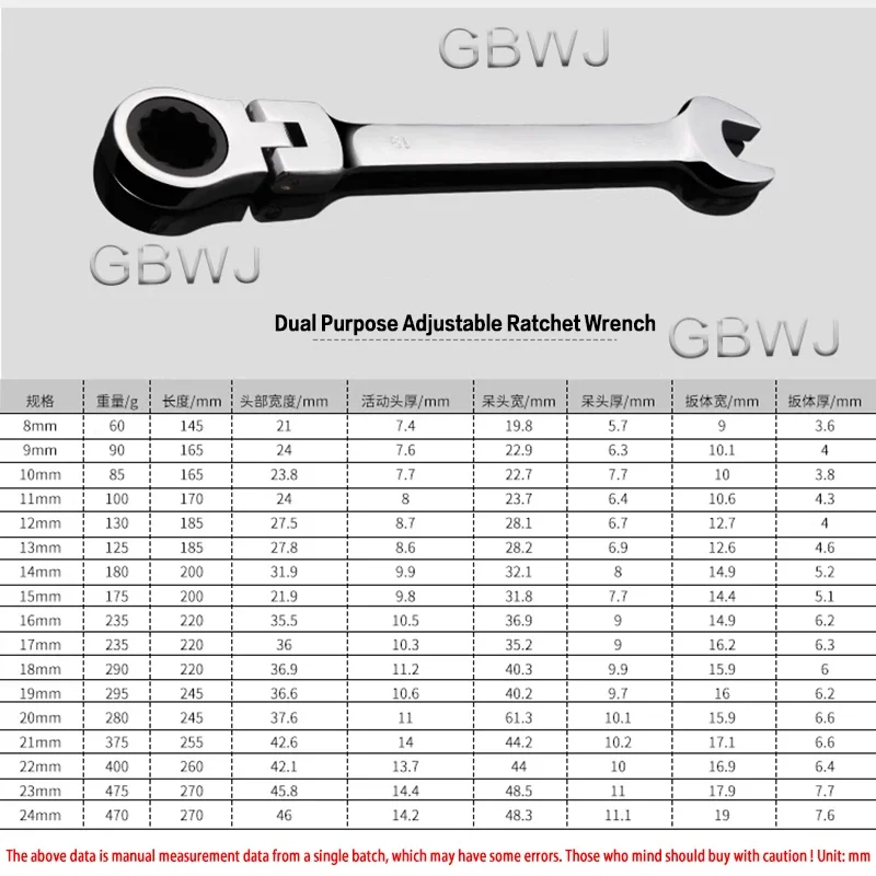 Adjustable Ratchet Wrench 8mm-24mm Repair Quick Wrench Bike Cars Mechanical Workshopl Hand Tool Dual-Purpose Wrench