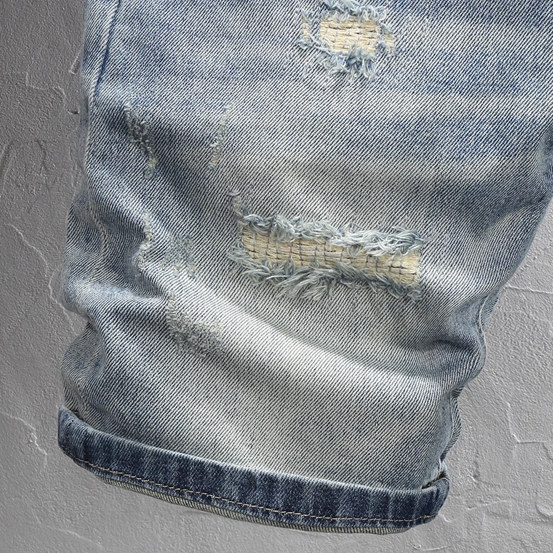 Summer Fashion Men Jeans Retro Light Blue Stretch Slim Fit Ripped Short Jeans Homme Patched Designer Vintage Denim Shorts Hombre