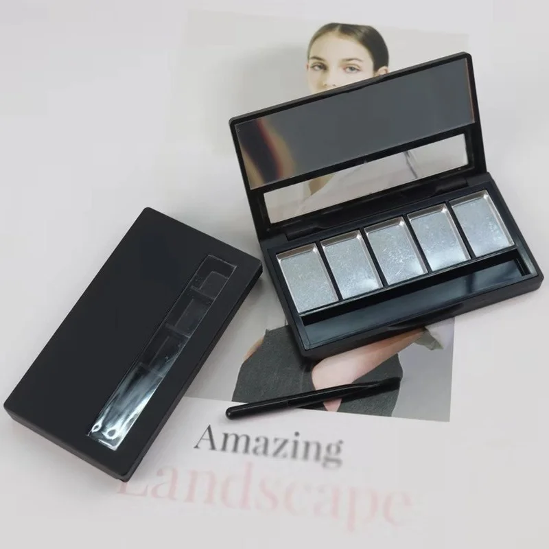 1pc Empty Cosmetic Palette Eyeshadow Blusher Lipstick Glitter Makeup Dispensing Box with Brush DIY Makeup Box 5-grid Matte Black