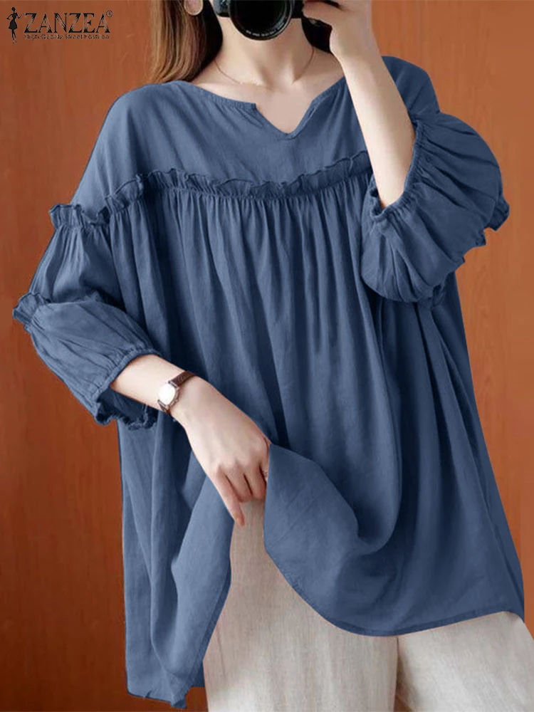 2025 ZANZEA Vintage Women V Neck 3/4 Sleeve Shirt Spring Summer Ruffles Hem Blusas Solid Blouse Casual Loose Holiday Tops Tunic