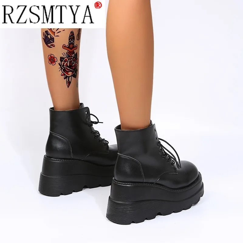 Fashion Trendy Platform High Heels Ankle Boots Women Autumn Winter Add Plush Wedges Shoes High 8cm Stylish Plus Size 36-43