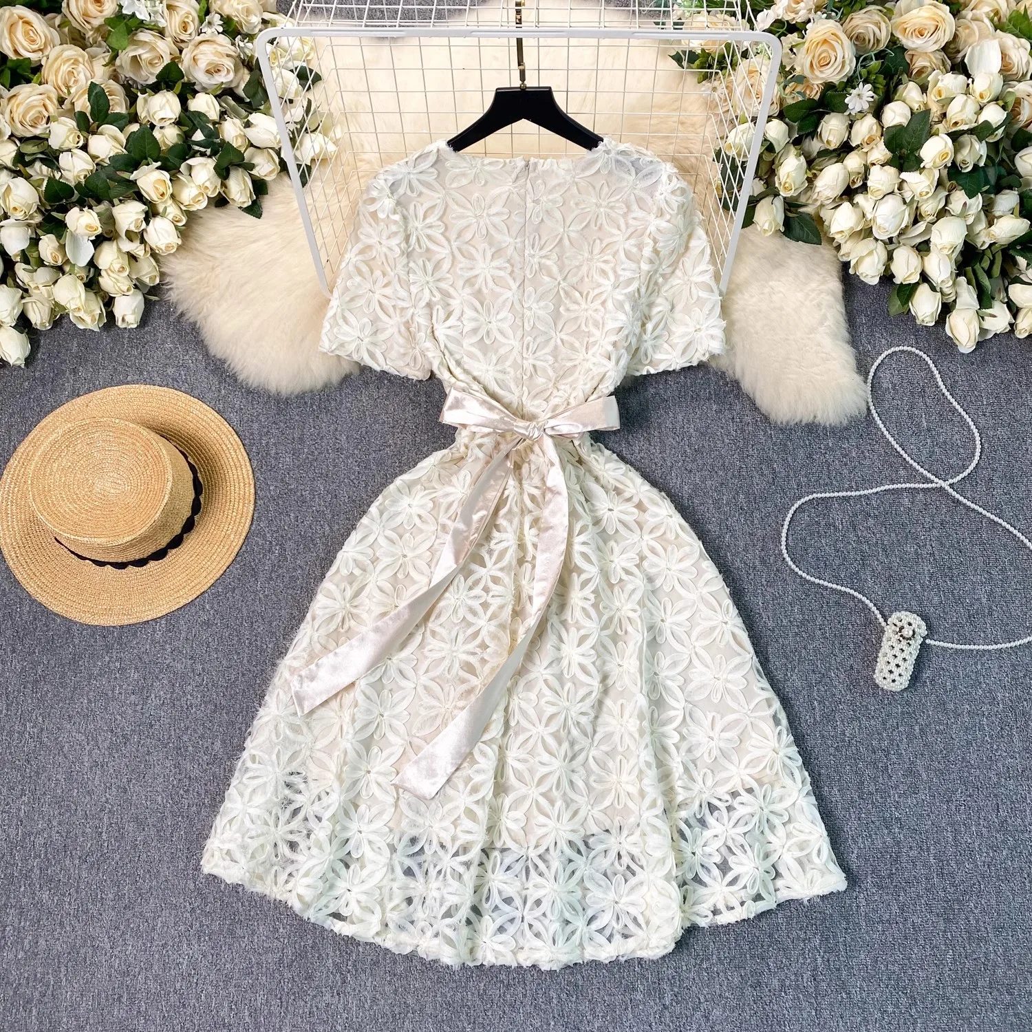 Elegant Mesh Embroidery Flower Summer Dress for Women 2024 New Casual Round neck Lace-up Slim Short Dress Women Clothing