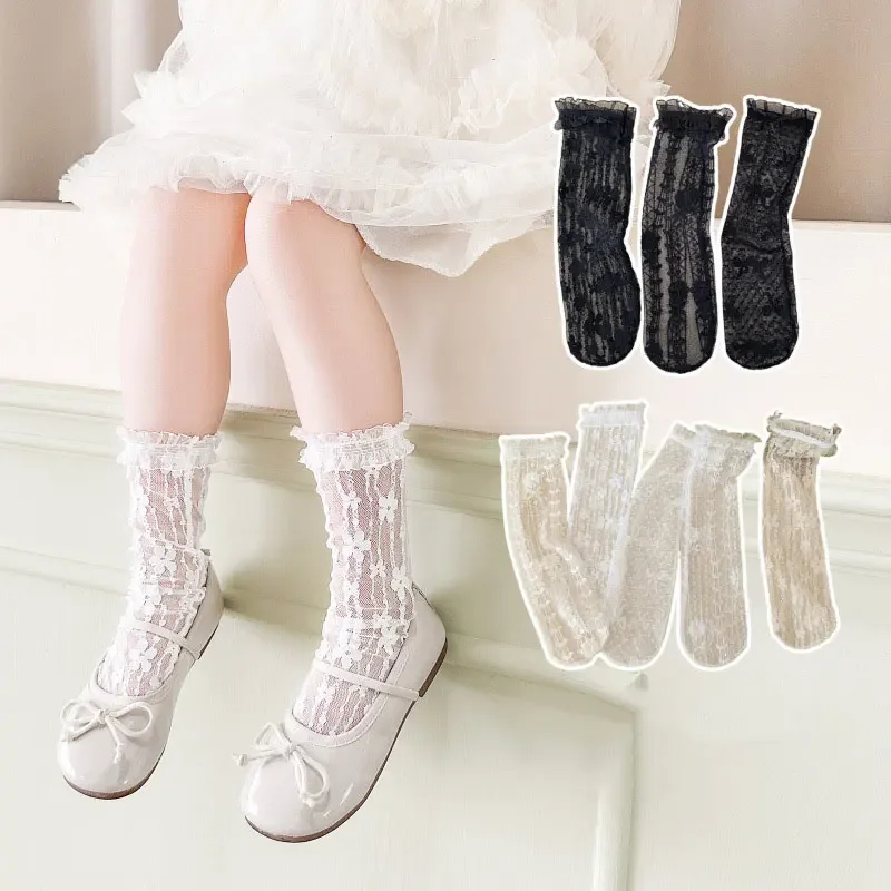 Ruffle Princess Kids Mesh Socks Hollow Breathable Lolita Girls Calf Sock Summer Children Lace Stockings 3-8Year Baby Footwear