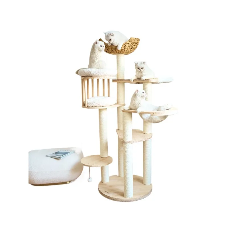 All solid wood cat climbing frame, integrated cat tree nest, small apartment with claw rattan weaving