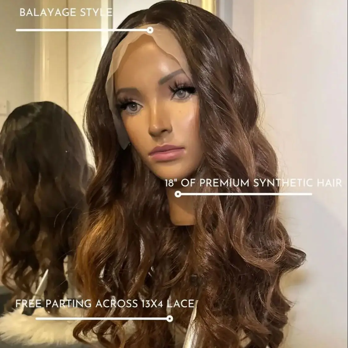 18 Inches Balayage Ombre Chestnut Brown Synthetic Lace Frontal Wigs Brunette Middle Parting Medium Length Loose Wave Wigs Female