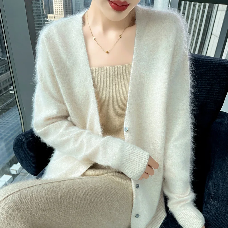 Women's V-Neck 100% Pure Mink Cashmere Cardigan Autumn New Solid Color Large size Coat Casual Loose Knitwear High Quality Shirt