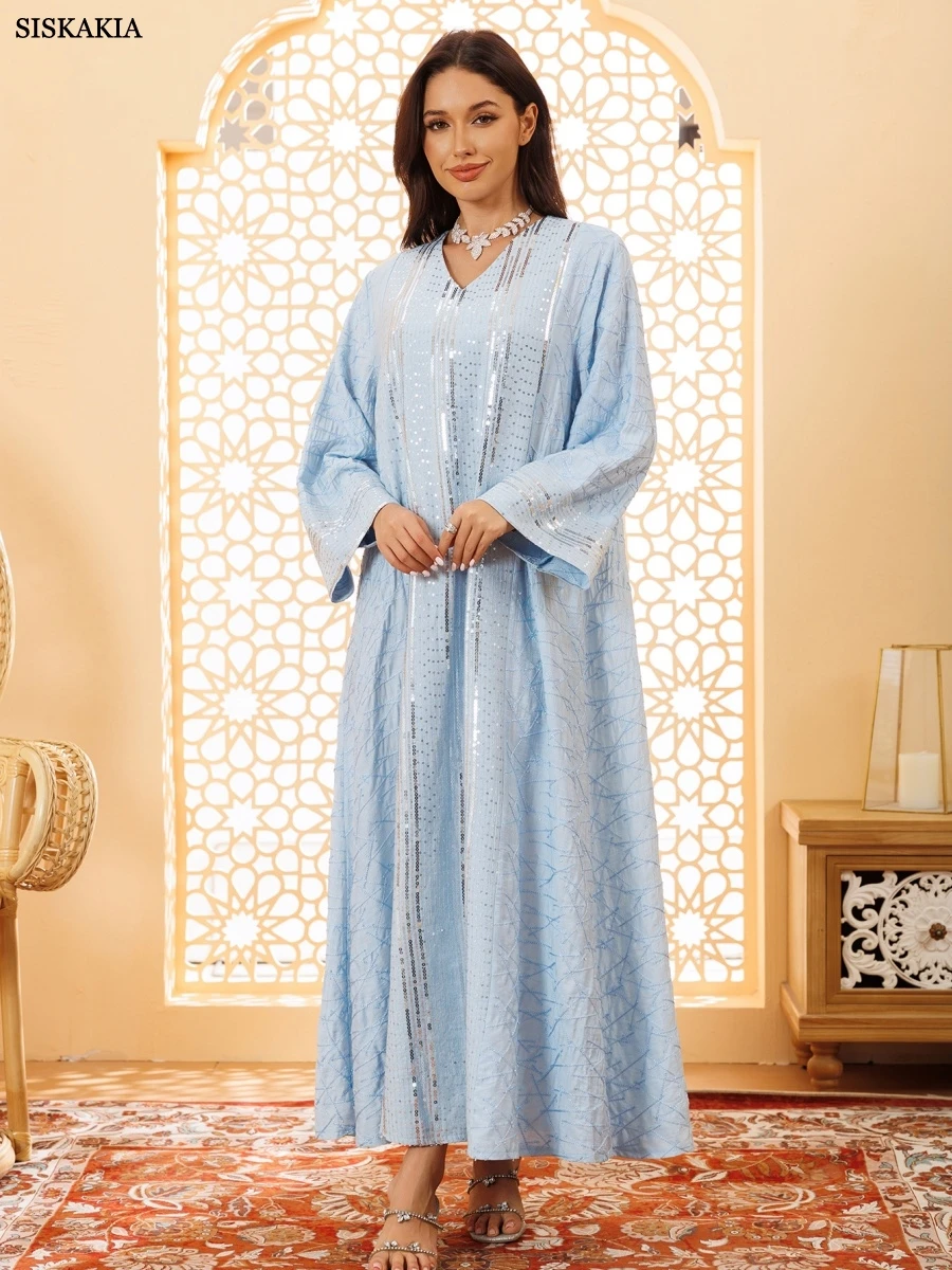 

Siskakia Ramadan Новый Рамадан Мусульманские блестки Лоскутная Абая Дубай Кафтан с v-образным вырезом Турецкие платья для женщин Гала