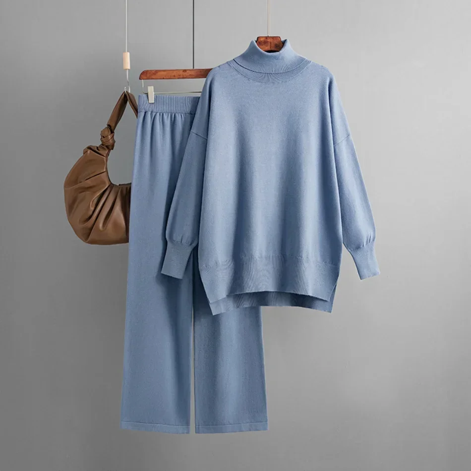Women's Two Piece Set Autumn Winter High Collar Slit Knitted Sweater Pullover Fashion Casual Loose High Waist Pant Ensemble