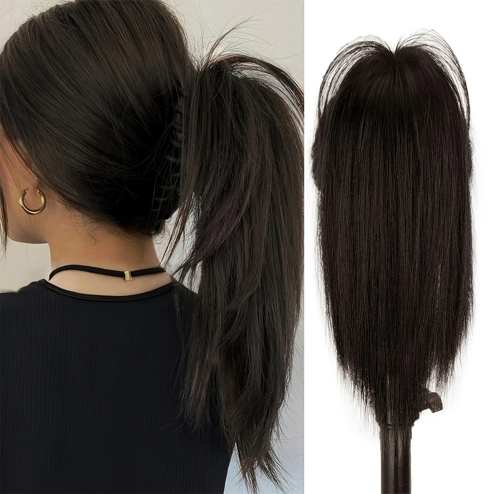 14Inch Synthetic Waterfall Long Straight Black-Brown Claw Clip in Ponytail Extension for Women Everyday Use