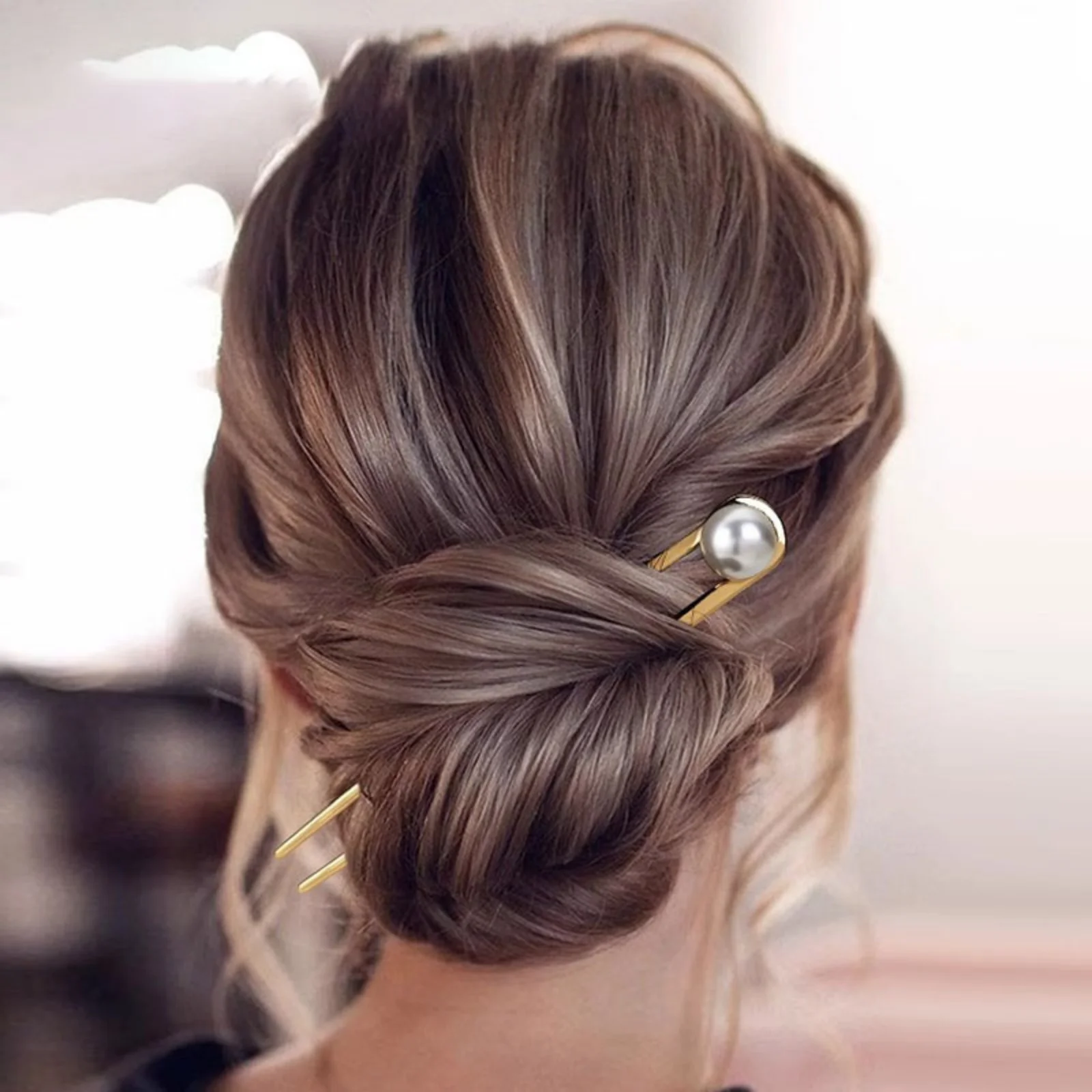 1PC U-Shaped Hairpin/Fork with Pearls - Back-of-Head Updo Styling Accessory, Premium Minimalist Metal Hair Ornament