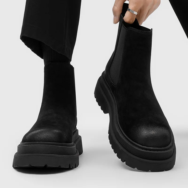 England style men's fashion high chelsea boots slip-on cow suede leather shoes cowboy platform boot spring autumn long botas man
