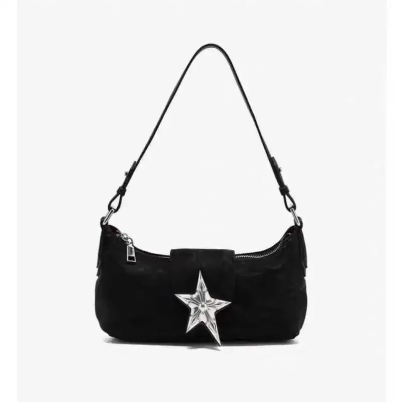 Bloom Vintage Black Y2k Handbag Women 2024 Hot Girls Fashion Star Zipper Casual Underarm Ladies Retro Hobos Bag Purse Chic