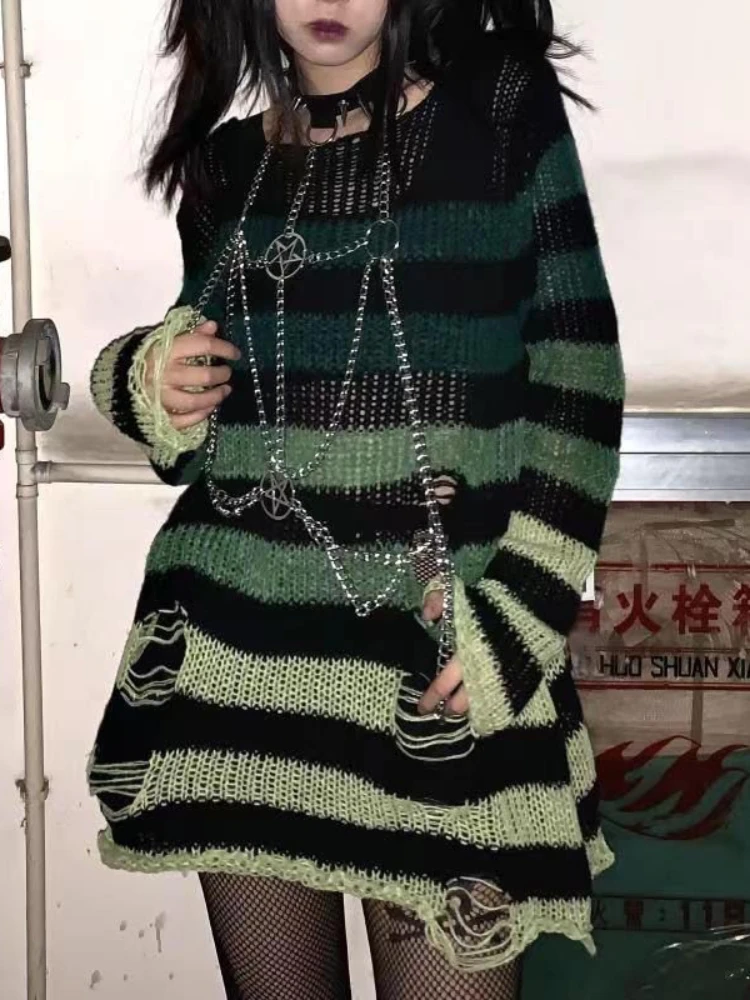 Punk Gothic Hollow Out Knit Sweater Loose Striped Knitwear for Women - Green Gradient