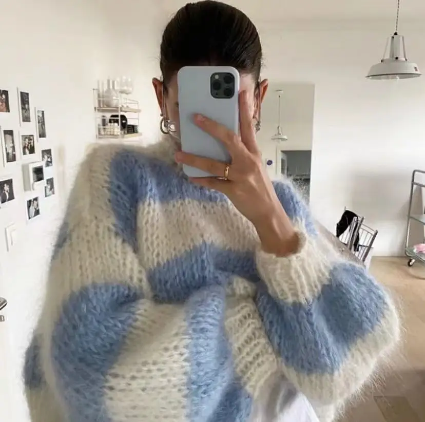 Little Fresh Spring and Autumn New Handwoven Loose Lazy Mohair High Neck Women\'s Knitted Sweater Blue and White Striped Top